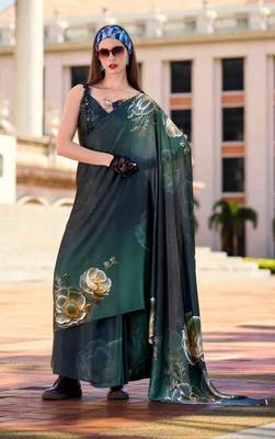 dark green satin print saree with unstitched blouse piece 3