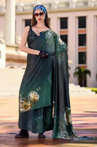 dark green satin print saree with unstitched blouse piece