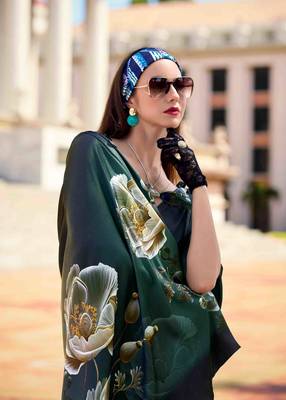 dark green satin print saree with unstitched blouse piece 4