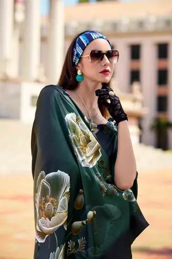 dark green satin print saree with unstitched blouse piece