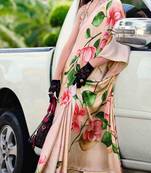 beige satin print saree with unstitched blouse piece