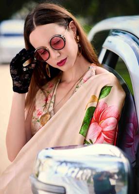 beige satin print saree with unstitched blouse piece 2
