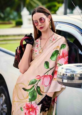 beige satin print saree with unstitched blouse piece 3