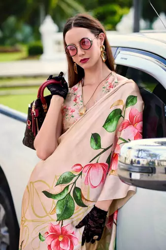 beige satin print saree with unstitched blouse piece