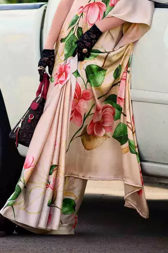 beige satin print saree with unstitched blouse piece