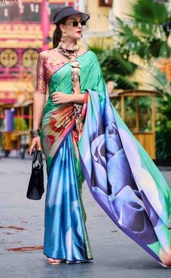 multicolor satin print saree with unstitched blouse piece 1