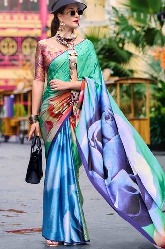 multicolor satin print saree with unstitched blouse piece