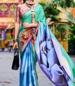 multicolor satin print saree with unstitched blouse piece