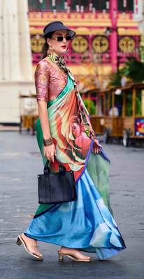 multicolor satin print saree with unstitched blouse piece 2