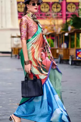 multicolor satin print saree with unstitched blouse piece