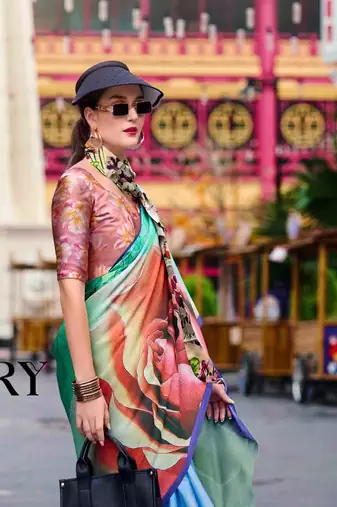 multicolor satin print saree with unstitched blouse piece