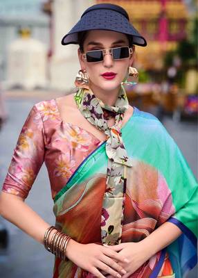 multicolor satin print saree with unstitched blouse piece 4