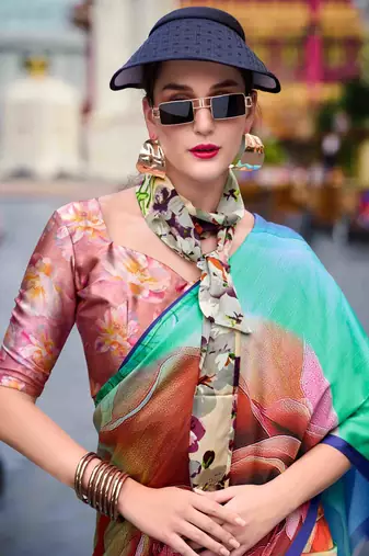 multicolor satin print saree with unstitched blouse piece