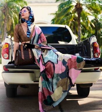multicolor satin print saree with unstitched blouse piece 2