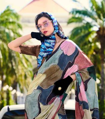 multicolor satin print saree with unstitched blouse piece 3