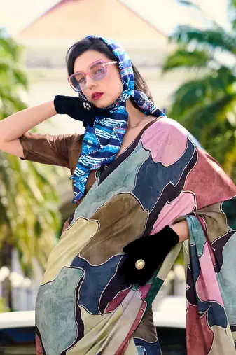multicolor satin print saree with unstitched blouse piece