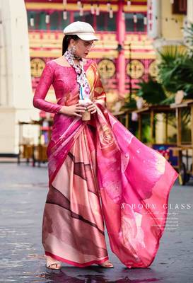 pink satin print saree with unstitched blouse piece 1