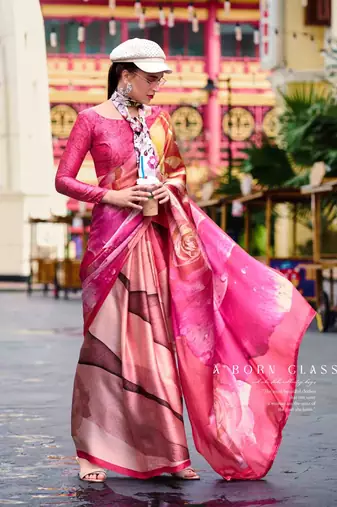 pink satin print saree with unstitched blouse piece