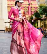pink satin print saree with unstitched blouse piece