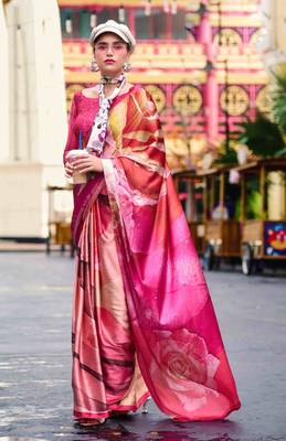 pink satin print saree with unstitched blouse piece 2