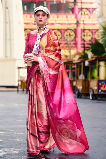 pink satin print saree with unstitched blouse piece