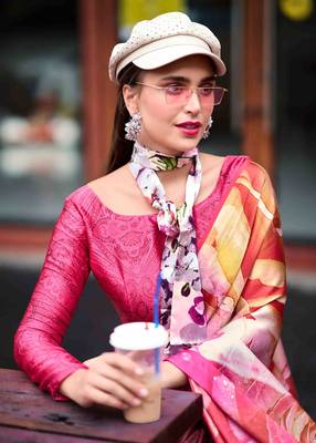 pink satin print saree with unstitched blouse piece 3