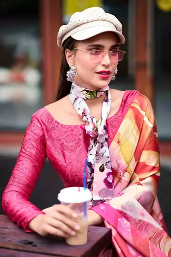 pink satin print saree with unstitched blouse piece
