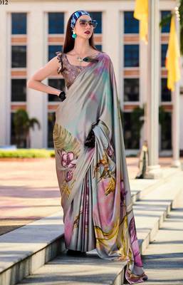 grey satin print saree with unstitched blouse piece 1