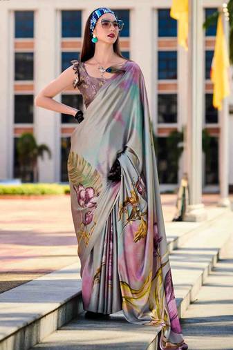 grey satin print saree with unstitched blouse piece