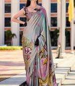 grey satin print saree with unstitched blouse piece