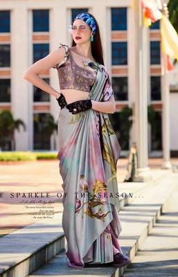 grey satin print saree with unstitched blouse piece 2