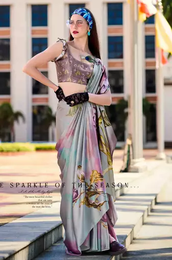 grey satin print saree with unstitched blouse piece