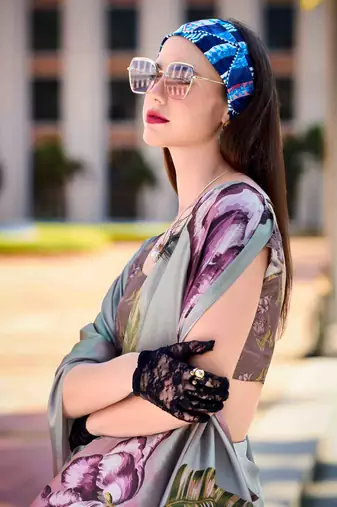 grey satin print saree with unstitched blouse piece