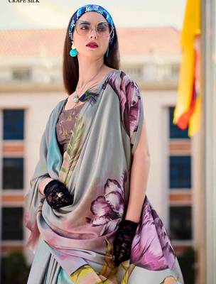 grey satin print saree with unstitched blouse piece 4
