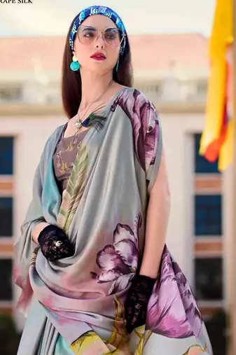 grey satin print saree with unstitched blouse piece