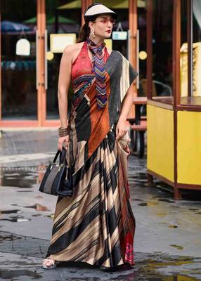 black-white satin print saree with unstitched blouse piece 1