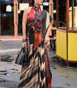 black-white satin print saree with unstitched blouse piece