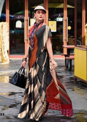 black-white satin print saree with unstitched blouse piece 2