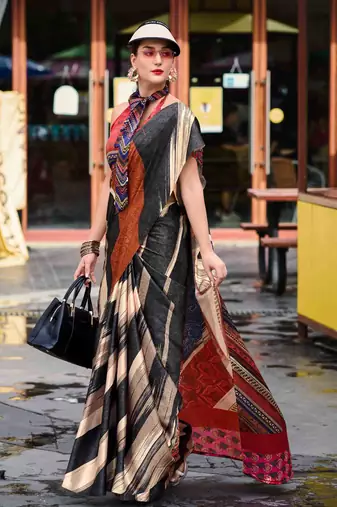 black-white satin print saree with unstitched blouse piece