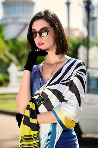 navy blue satin print saree with unstitched blouse piece
