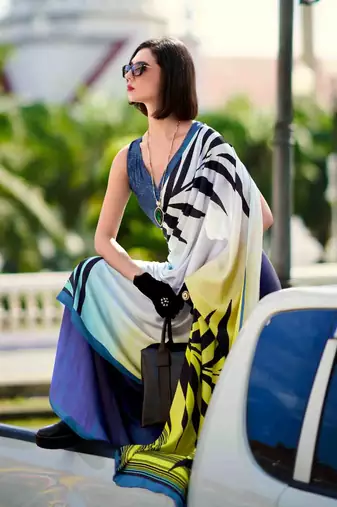 navy blue satin print saree with unstitched blouse piece