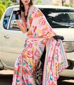 multicolor satin print saree with unstitched blouse piece