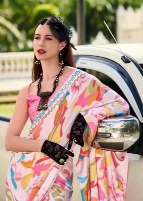 multicolor satin print saree with unstitched blouse piece 2