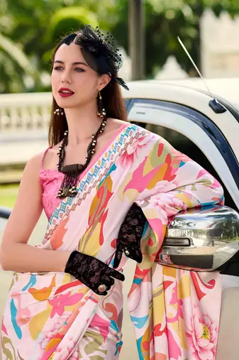 multicolor satin print saree with unstitched blouse piece
