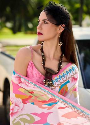multicolor satin print saree with unstitched blouse piece 3