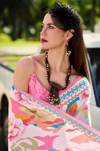 multicolor satin print saree with unstitched blouse piece