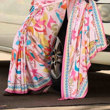 multicolor satin print saree with unstitched blouse piece 4