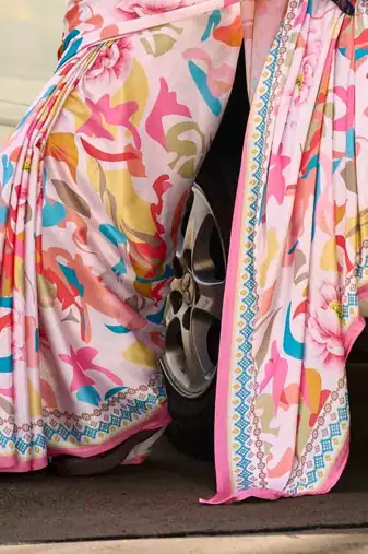 multicolor satin print saree with unstitched blouse piece