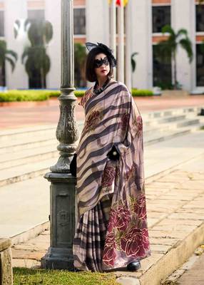 grey-white satin print saree with unstitched blouse piece 1