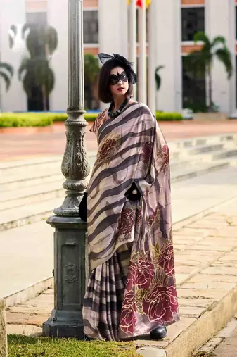 grey-white satin print saree with unstitched blouse piece